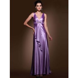 Robes de soirée élégantes en satin violet empire longues à bretelles