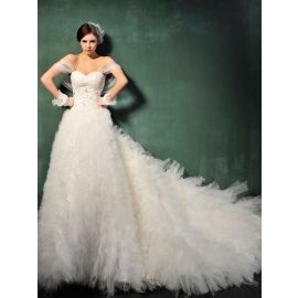 Robes de mariée glamour A-ligne en tulle blanc à volants
