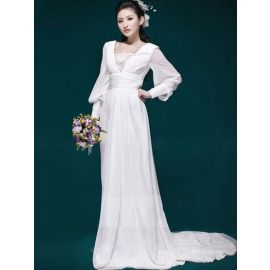 Robes de mariée vintage Une ligne en mousseline de soie blanche à manches longues