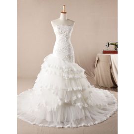 Robes de mariée sirène glamour en tulle blanc à volants