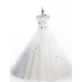 Robes de mariée glamour à une épaule en tulle avec ceinture