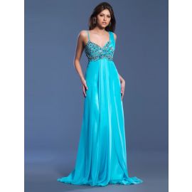 Belles robes de bal longues en mousseline bleue avec bretelles