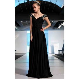 Robes de soirée glamour en mousseline de soie noire A-ligne longues avec manches