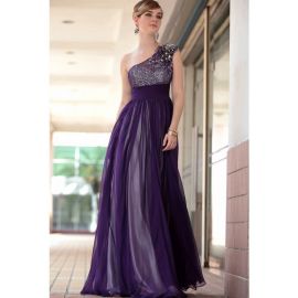 Robes de soirée glamour une épaule violet une ligne en mousseline de soie