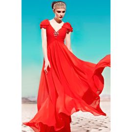 Robes de soirée modernes en mousseline de soie à col en V et manches en rouge