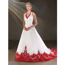 Robe de mariée de luxe A-ligne en satin blanc rouge avec col licou