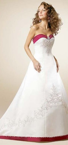 Robe de mariée satin A-ligne glamour blanc et rouge avec broderies